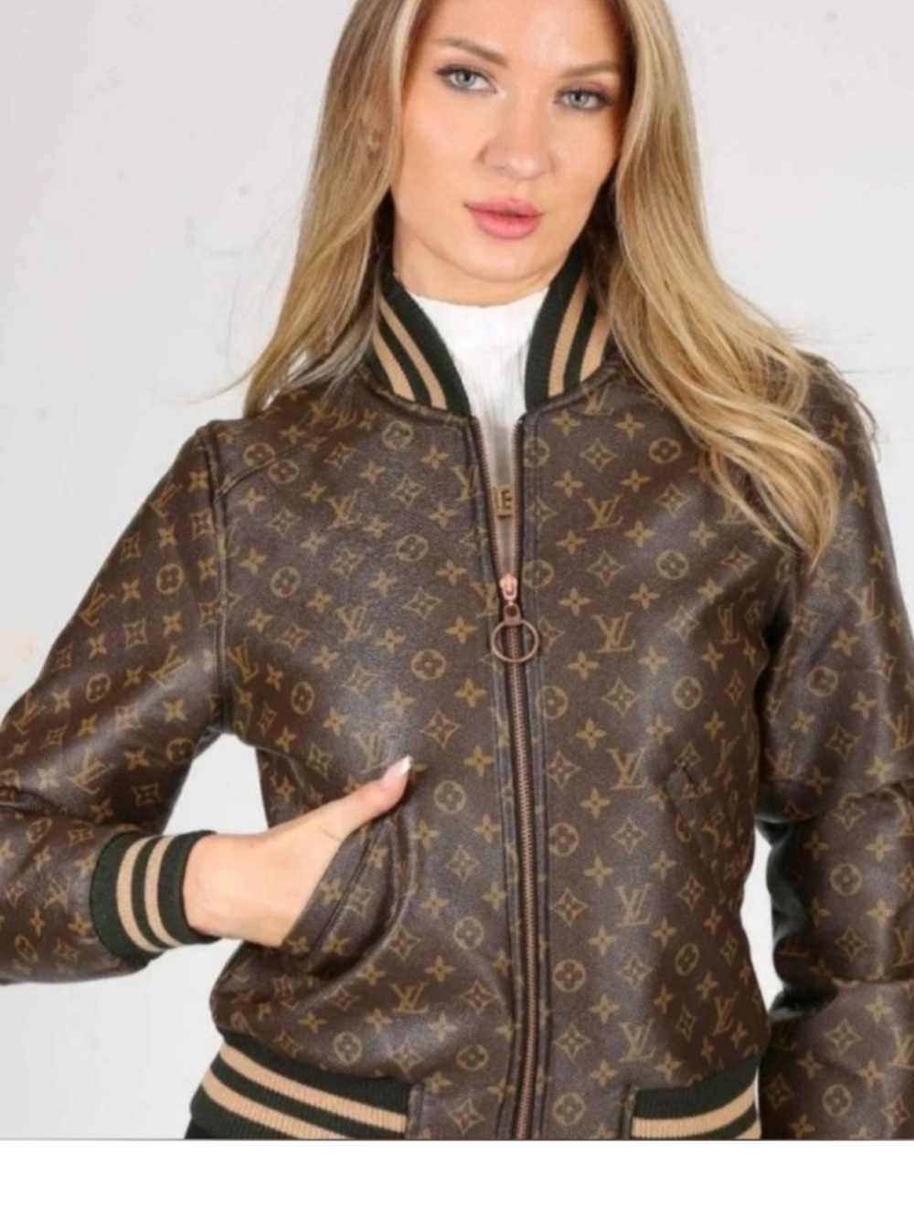 Luxury monogram Vegan Leather Brown Monogram Bomber Jacket